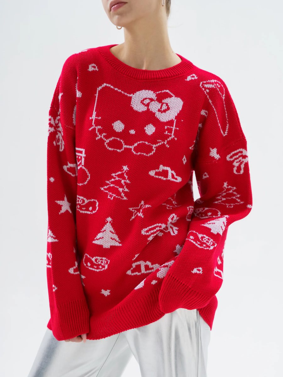 Свитер красный оверсайз с принтом аниме hello kitty