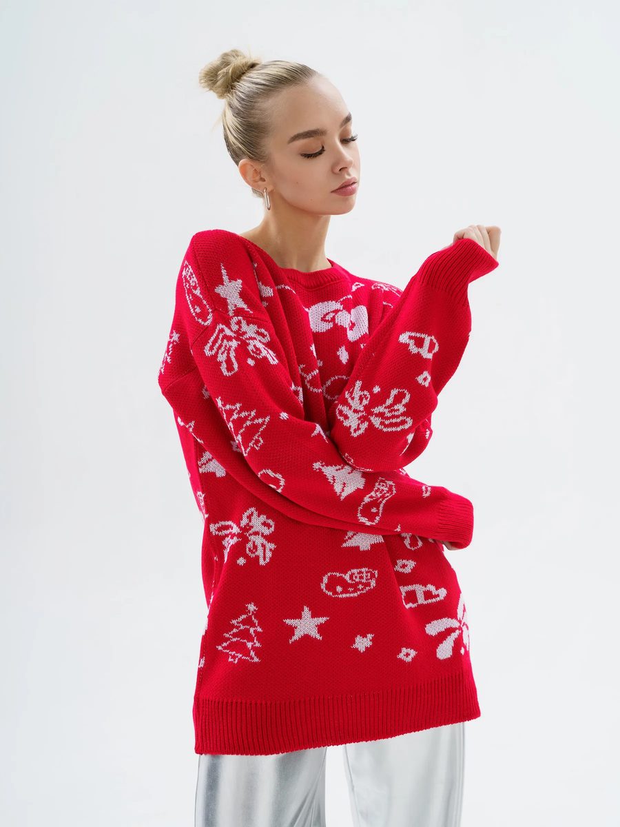 Свитер красный оверсайз с принтом аниме hello kitty