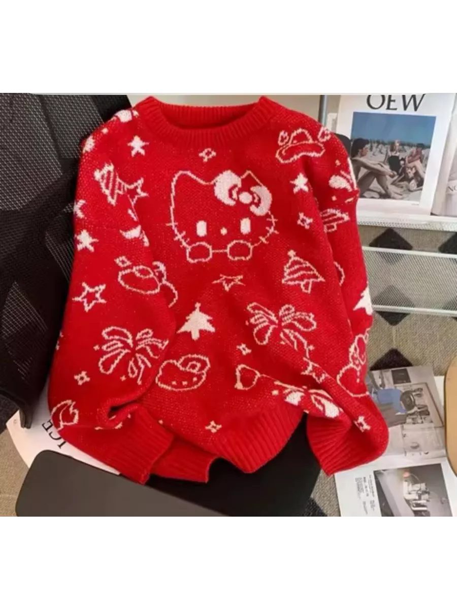 Свитер красный оверсайз с принтом аниме hello kitty
